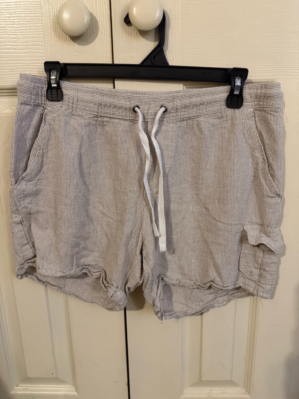 Ribbed Drawstring Shorts - Tan with White Strips